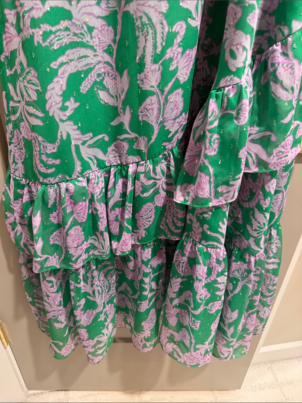 Lilly Pulitzer Green and Lavender Floral High-Low Maxi Dress Rosalyn Ruffle - Picture 12 of 13